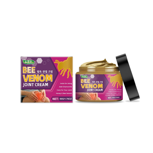 Bee Venom Joint Cream packaging with jar and box, featuring soothing ingredients for joint relief.