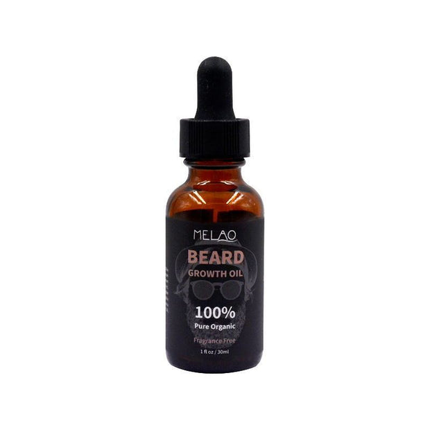 Men's beard care kit featuring a bottle of Melao beard growth oil, 100% pure organic, fragrance-free.