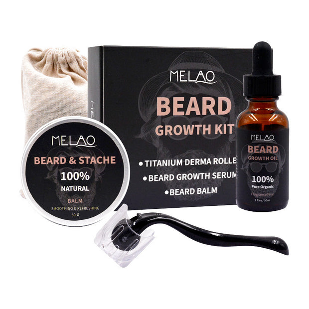 Men's beard care kit including beard growth oil, balm, and derma roller for healthy facial hair grooming.