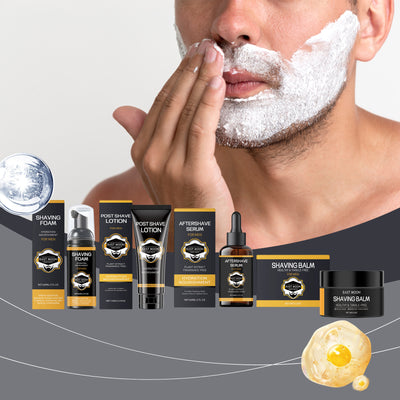 Men's grooming products including shaving foam, lotion, serum, and balm for smooth shaving experience.