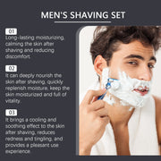 Men's Shaving Set with moisturizing and soothing benefits for post-shave comfort, featuring a man applying shaving cream.