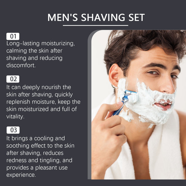 Men's Shaving Set with moisturizing and soothing benefits for post-shave comfort, featuring a man applying shaving cream.